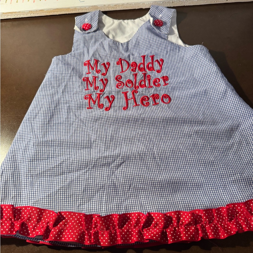 Unbranded jumper dress baby girl blue gingham my daddy my soldier my hero red